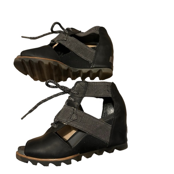 SOREL Joanie Wedge Peep-toe Sandals  with laces on Black with Gray Size 7 !! - Picture 5 of 11